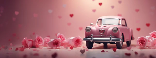 Foto op Canvas  pink retro car with hearts on a pastel background. card for valentine's day © ALL YOU NEED