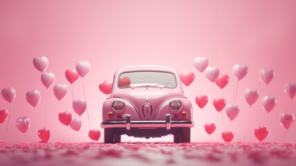 
pink retro car with hearts on a pastel background. card for valentine's day - obrazy, fototapety, plakaty