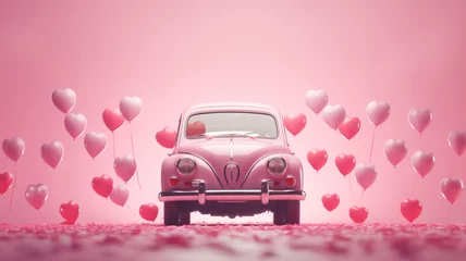 Rolgordijnen  pink retro car with hearts on a pastel background. card for valentine's day © ALL YOU NEED studio