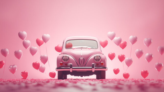 Fototapeta  pink retro car with hearts on a pastel background. card for valentine's day