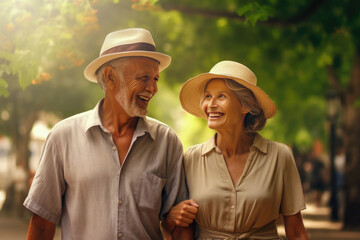Smiling happy Caucasian mature couple in hats walking in the park in summer, in an exotic country