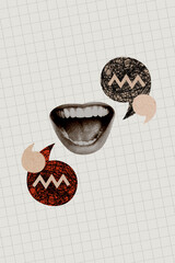 Vertical creative collage image retro vintage effect scream open mouth shame insult negative chat...