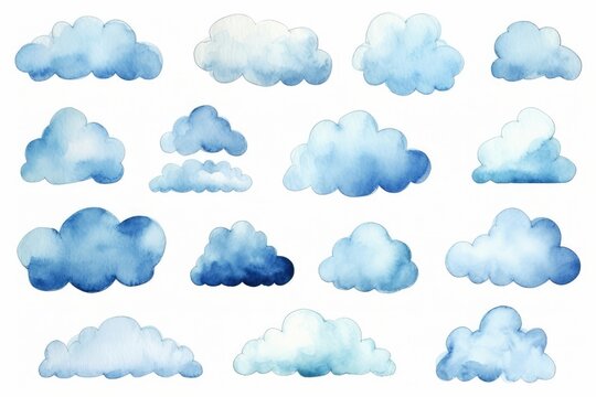 Set of cumulus clouds for weather forecast on a white background. Watercolor drawing