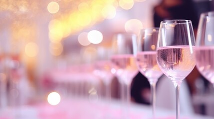 glasses of pink champagne being toasted by people at a wedding, in the style of bokeh,