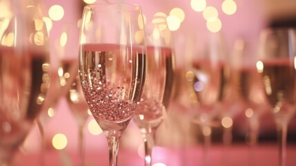 glasses of pink champagne being toasted by people at a wedding, in the style of bokeh,