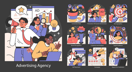 Dynamic advertising agency concept. Teams engage in creative strategy, media planning, and campaign execution. Insightful analytics and target audience identification. Flat vector illustration. - obrazy, fototapety, plakaty