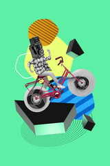 Creative trend collage of man cycling tape recorder player listen music retro vintage photographing weird freak bizarre unusual fantasy