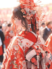 日本の成人の日の着物姿の若い女性