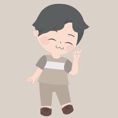 Boy in brown clothes hand up and say yeah