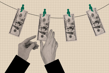 Horizontal retro magazine photo collage of hands hanging dollar banknotes to dry concept of money...