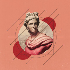 Contemporary art collage. Antique bust of statue against peachy color background with futuristic...