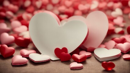 Obraz premium hearts on a white background Dark red and purple Valentine's day background with rose, silk and beautiful bokeh 