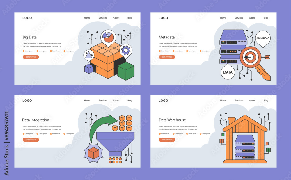 Poster information management web or landing set. data mining, storage, processing and security. stages of 