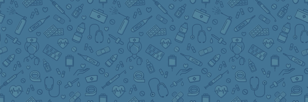 Medical seamless pattern in dark blue colors. Minimal flat line medical and healthy related icons. Vector horizontal illustration.