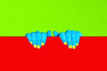 Horizontal neon creative photo collage advertisement of beauty salon girl showing her finger nails...