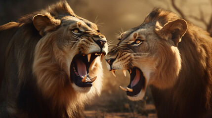 Close-up of a Lion and Lioness roaring at each other. Generative AI - obrazy, fototapety, plakaty
