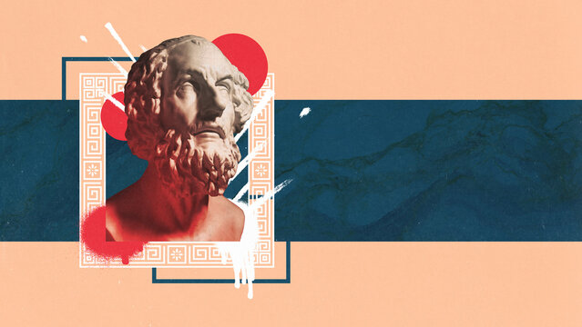 Poster. Contemporary art collage. Antique greek statue in grainy fabric effect against background with negative space for text.