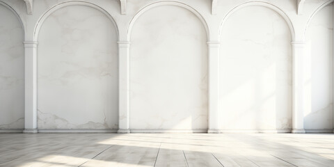 White antic marble wall background. Space for product presentation. Empty interior, window side light.
