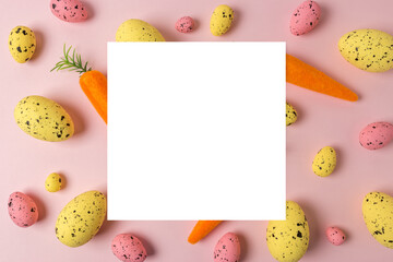 Creative Easter pattern of carrots and colorful eggs on pink background. Minimal Easter...