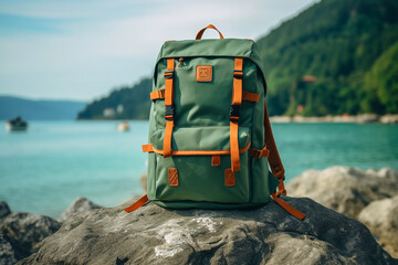 Hiking backpack on the rocky shore of Lake Garda, Italy - obrazy, fototapety, plakaty