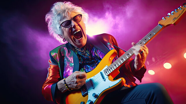 Grandma in colorful jacket plays solo on rock guitar.  Postproducted generative AI illustration.