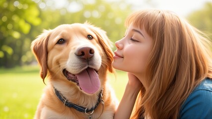 Woman and Golden Retriever Enjoying a Sunny Day in the Park