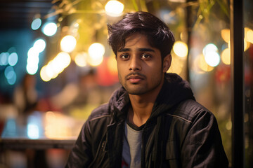 Fototapeta premium Generative AI portrait of young person sitting dreamy in aroma cafeteria enjoying morning coffee