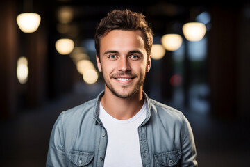 Fototapeta premium Photography of attractive positive young guy day light outdoors autumn denim casual clothing