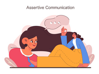 Obraz premium Assertive Communication concept. A relaxed woman engaging in clear and confident conversation, embodying assertiveness with a gesture of assurance. Expressing positive self expression. Flat vector