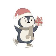 cute penguin holding a gift and skating vector