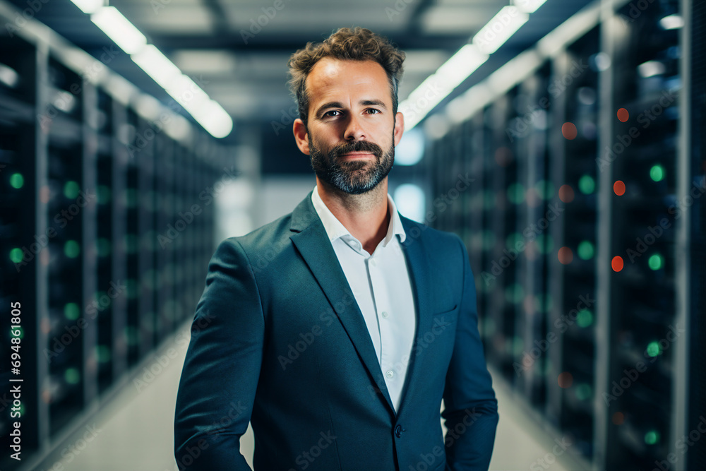 Poster generative ai picture of successful data center it specialist working for cyber data security compan