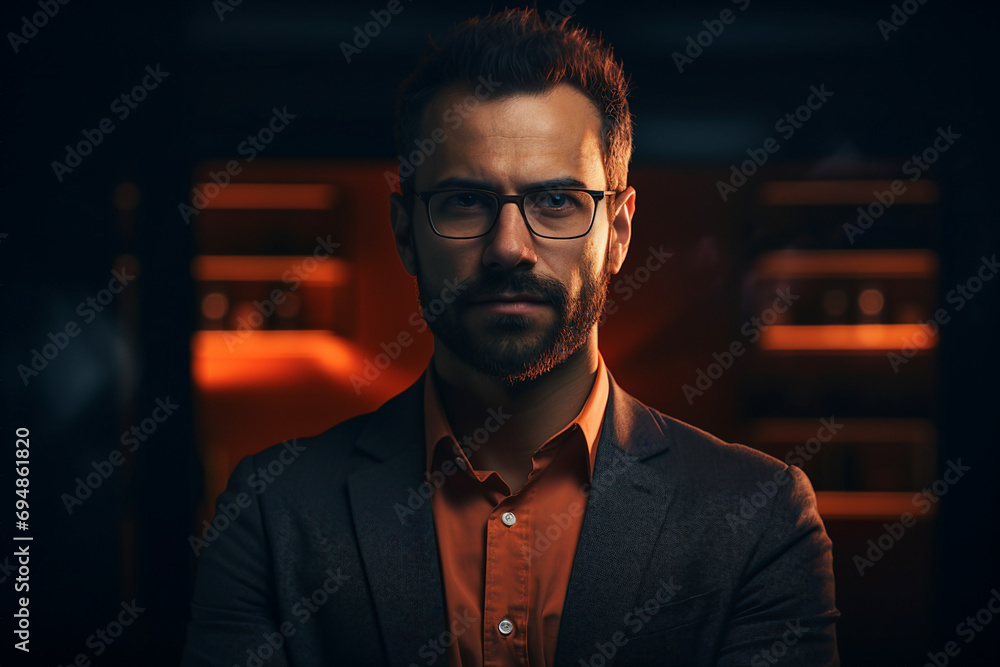 Poster generative ai image of successful it specialist working in data center cyber security company
