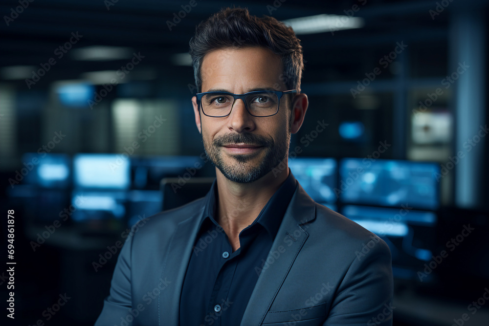 Poster generative ai picture of successful it specialist working for cyber data security company