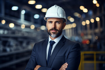 Picture of a professional factory worker wearing hard hat and work clothes generative ai