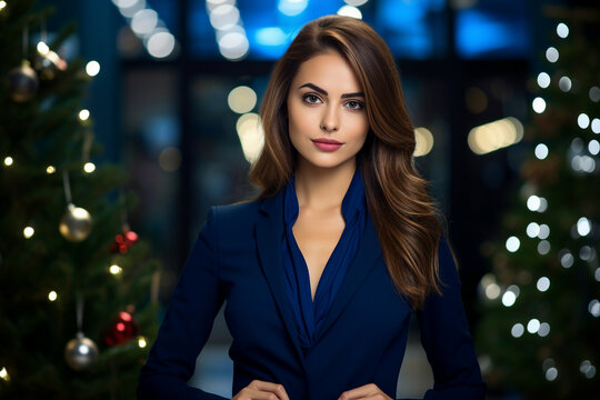 Photography of attractive charming lady secretary in office on new year magic night