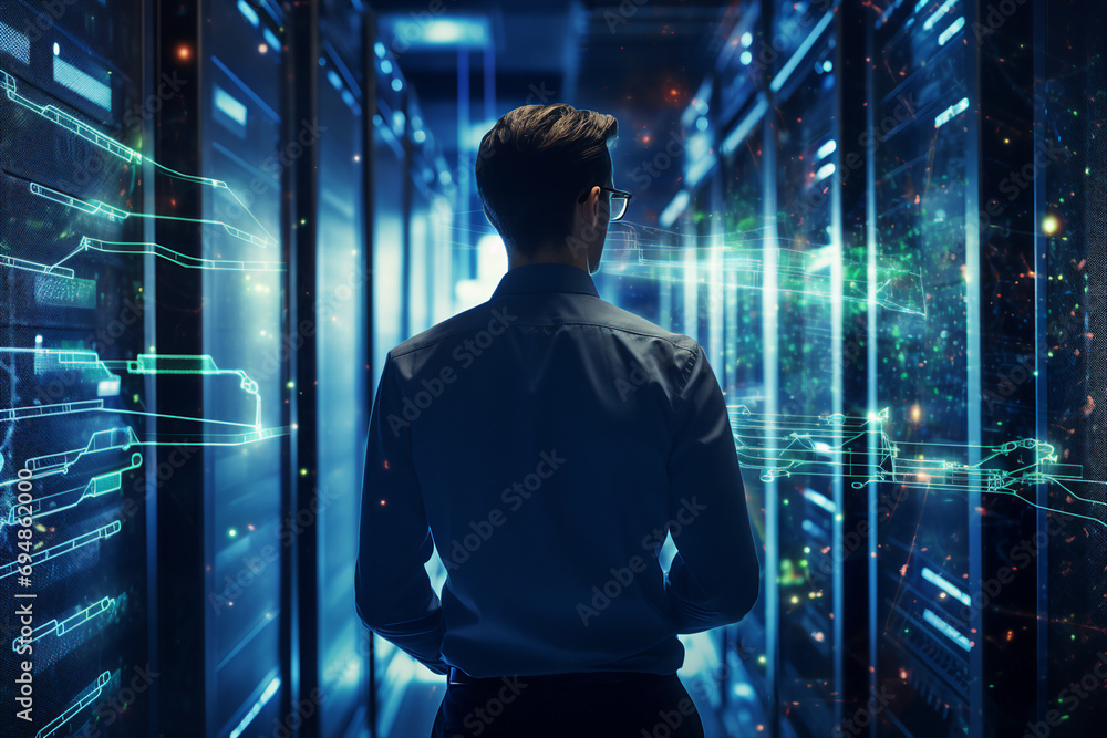 Poster generative ai image portrait of professional successful man working as computer specialist software 
