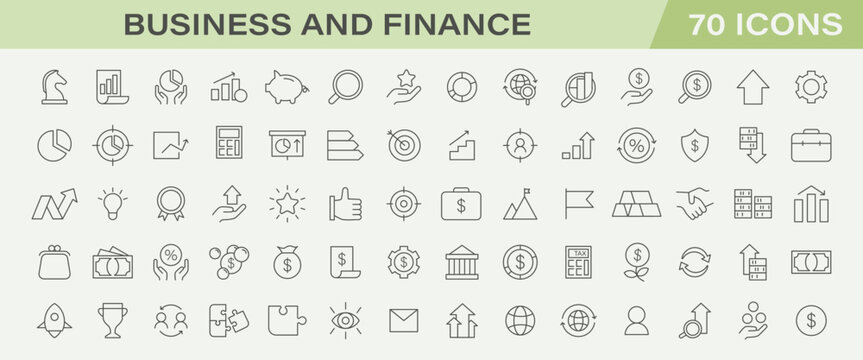 Business and finances line icons collection. Corporate growth, market investment strategy. Profit analysis, global economy trends. Innovative financial solutions, dynamic market analysis.