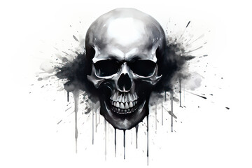 watercolor illustration of black pirate skull with ink splashes on white background