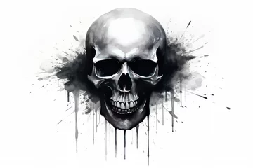 Tuinposter Aquarel doodshoofd watercolor illustration of black pirate skull with ink splashes on white background