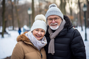 Fototapeta premium Generative AI portrait of retired couple hugging spend time outdoors wintertime