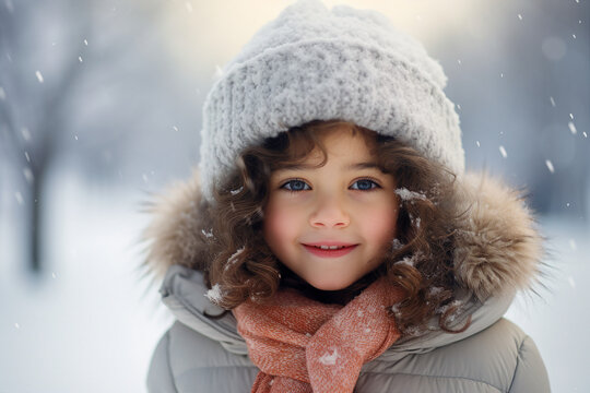 Portrait of adorable charming girl snowy nature winter day background generative AI