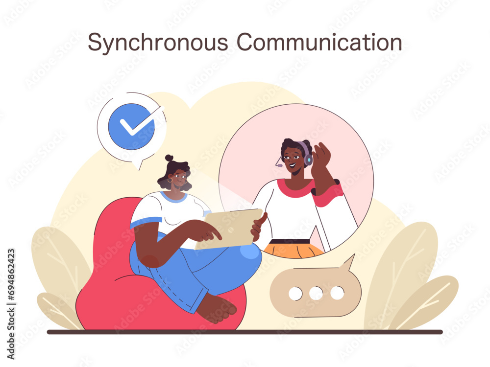 Poster synchronous communication set. digital team interaction in real-time, depicted by colleagues in casu