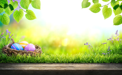 Three painted easter eggs in a birds nest celebrating a Happy Easter in spring with a green grass meadow, tree leaves and bright sunlight background with copy space & wooden bench to display products.