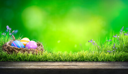 Three painted easter eggs in a birds nest celebrating a Happy Easter on a spring day with a green...