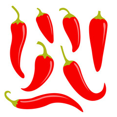 Chili hot pepper icon set. Fresh red chili cayenne peppers. Hot food spices. Sticker print template. Flat design. White background. Isolated. - obrazy, fototapety, plakaty