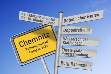 Ortswerbetafel Chemnitz, Kulturhauptstadt Europas 2025, sehenswerte Ziele, (Symbolbild)