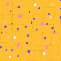 Polka dot doodle pattern with different hand drawn rounded spots isolated on yellow background. White, yellow, pink, purple, violet dotted wallpaper.