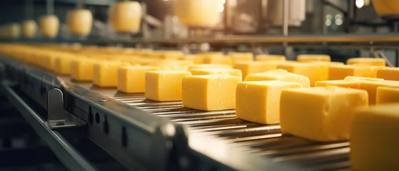 Foto op Plexiglas Cheese wheels on production line in dairy factory. Industrial food production. © Postproduction