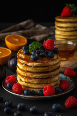 Delicious pancakes with fresh berries on dark background. Food concept.