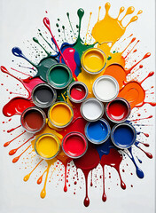 Colourfull paint jars splash on white background